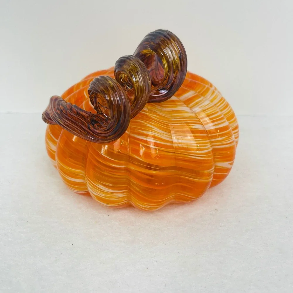 Hand Blown Glass Pumpkin Orange White Swirl Amber Curly Stem Fall Decor 5x4